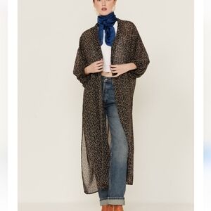 Women's Floral Chiffon Kimono Long Maxi Duster Chocolate Brown Medium M